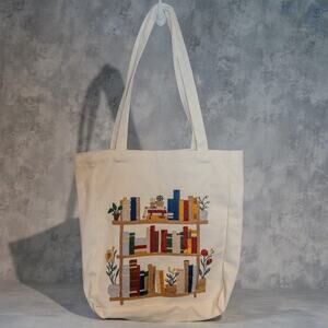 Hand Embroidered Bookshelf Canvas Tote Bag Cream Book Lover Library